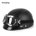 Sutuiying Hot Selling Classic Stripe Motorcycle Safety Helmet Fashion Men Women PU Leather Vintage Motor Electric Scooter Goggles Half Helmets. 