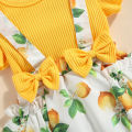 2Pcs Sweet Style Baby Girls Outfit, Toddlers Summer Floral/Lemon/Dot Printing Fly Sleeve Splicing Romper + Bow Headwear Set. 