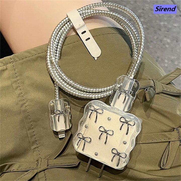 Sirend Cute 3D Clear Bowknot Pearl USB Cable Protective Cover for IPhone 18W/20W Data Line Bite Head Cord Fast Charging Protector Case