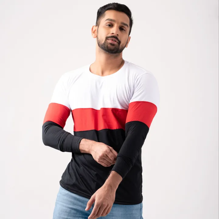 Long Sleeve T Shirt White,Red & Black -03 Tone Full Sleeve Men's T Shirt New Style Material 190GSM.