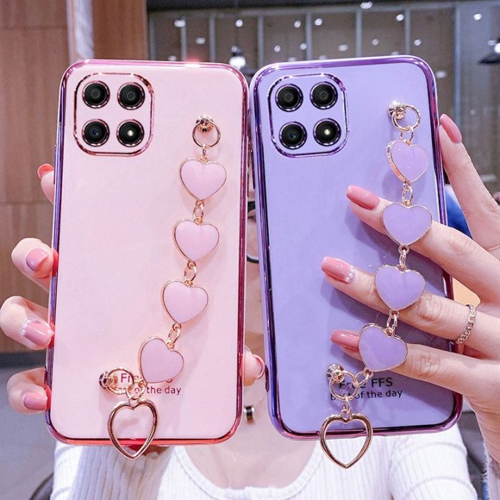 LECOMES for Honor X6 (4G) Back Cover with Love Heart Bracelet Chain Luxury 6D Plating Shiny Soft Silicone Mobile Phone Case Pouch Girls