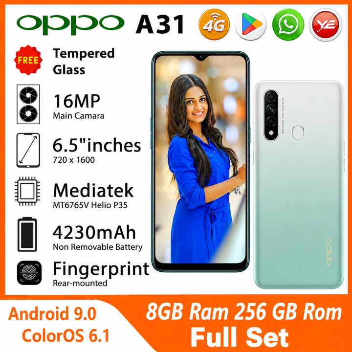 Oppo A31 *සම්පූර්ණ කට්ටලය සමග සීල් පැක් ඇසුරුම full set seal pack முழு செட் சீல் பேக் (8GB RAM + 256GB ROM | 12MP Triple Camera) Free Tempered Glass & Cover
