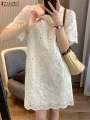 ZANZEA Women’s Mini Sundress, Vintage Lace Embroidered White Dress, Summer Holiday, Short Sleeve. 