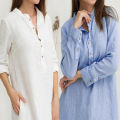 bellylady Women Dress Solid Color Cotton Linen Stand Collar Long Sleeve Casual Loose Long Skirt. 