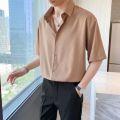 Shijitu Ice Silk Short Sleeve Shirt Men's Summer High-Grade Black ins Trendy Half Sleeve Loose Casual Simple Set. 