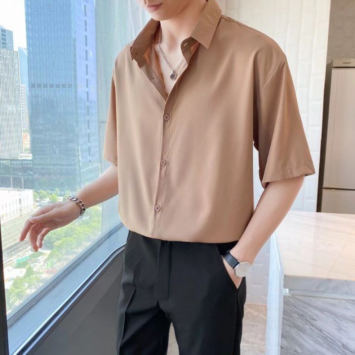 Shijitu%20Ice%20Silk%20Short%20Sleeve%20Shirt%20Men's%20Summer%20High-Grade%20Black%20ins%20Trendy%20Half%20Sleeve%20Loose%20Casual%20Simple%20Set%20-%20Image%203