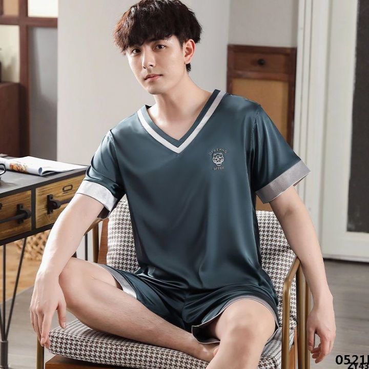 Silk high-end new silk men's pajamas thin ice summer men's shorts summer short-sleeved home clothes pullover suit