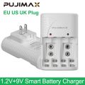 PUJIMAX 4-Slot Wall Smart Battery Charger For 9V Rechargeable Battery and 1.2V AA/AAA Rechargeable Battery UK US EU Plug. 