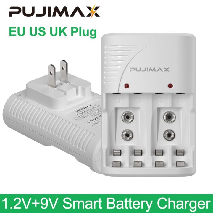 PUJIMAX 4-Slot Wall Smart Battery Charger For 9V Rechargeable Battery and 1.2V AA/AAA Rechargeable Battery UK US EU Plug