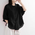 bellylady Summer Lantern Sleeve Tops For Girls Students Solid Color Cotton Linen Blouse Round Neck Pullover Shirt. 