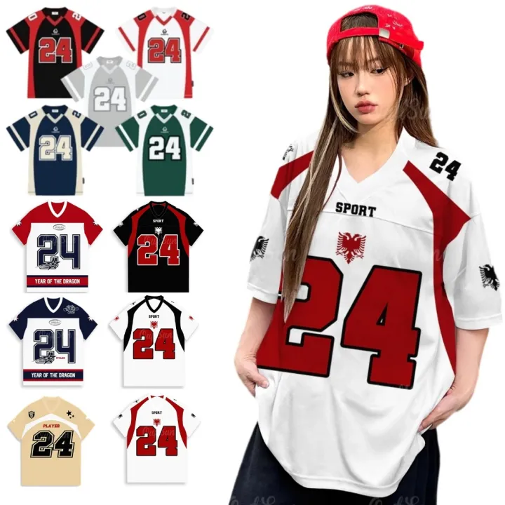 Red%20number%2024%20womens%20T-shirt%20V-neck%20loose%20fit%20top%20oversized%20cool%20short%20sleeves%20-%20Image%202