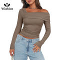 Yfashion Women's Casual Tops One Off Shoulder Long Sleeve Top Ruched Slim Fit Shirt Crop Top Fashion Trendy Tee Shirt. 