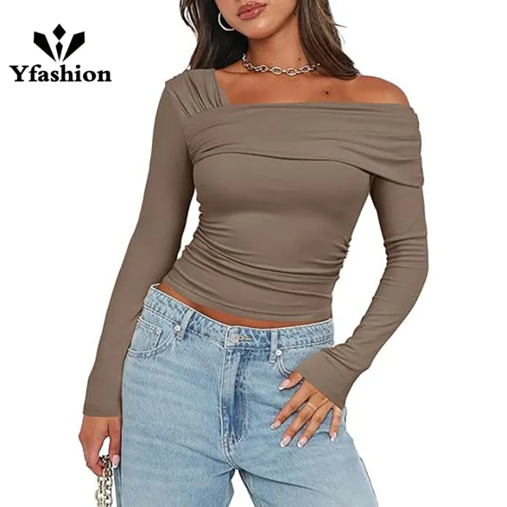 Yfashion Women's Casual Tops One Off Shoulder Long Sleeve Top Ruched Slim Fit Shirt Crop Top Fashion Trendy Tee Shirt