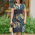 【ThinkWay】 Women Summer Short Sleeve Round-Neck Graphic Print Elegant Casual Dresses #12. 