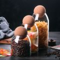 Food Storage Jars with Wood Lid Cork Ball Stopper Glass Jars Set 3Pcs For Storage Food Handmade Borosilicate Glass Canister Jar. 