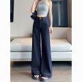 Denim Dark Blue Wide Leg Jeans Women's Summer Thin Drooping Straight Pants Fashion Retro High Waist Slimming Pants. 