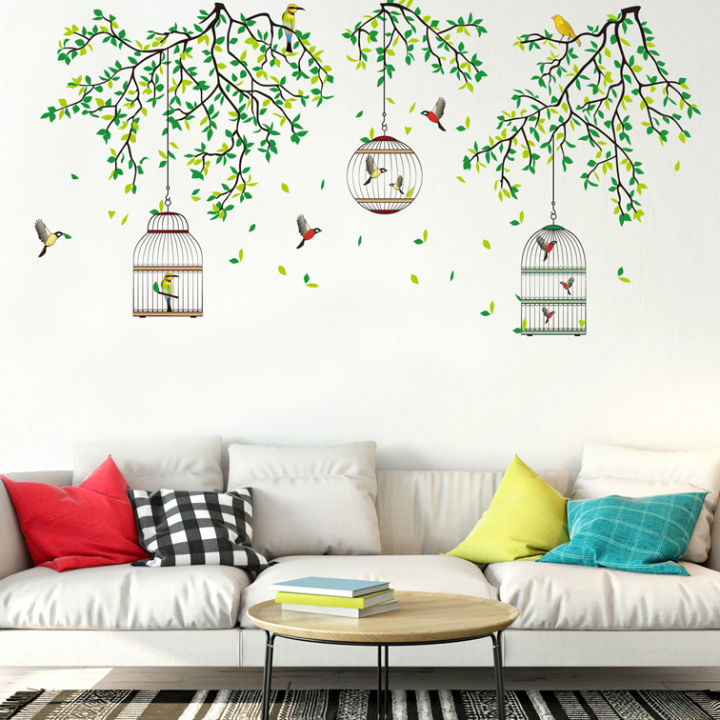Three Cages Green Leaf with bird Flower Border Wall Decoration Sticker TV Frame Sticker Kitchen Living Room Decoration Star Room Deco wall stickers Stars Tree Wedding nursery decorative