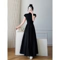 【ZOSR】Black Dress for Women Korean Style Short Sleeve Slim Fitting Retro Casual Longdress. 