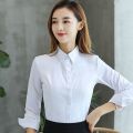 2024 Spring Summer New Short Sleeves Women's White Shirt v Collar Business Clothing Long Sleeve Blue Shirt Korean Style Work Clothes. 