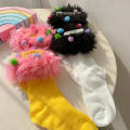 Girl Socks Candy Colored Socks Plush Ball Socks Middle Tube Socks Fluffy Fur Socks. 