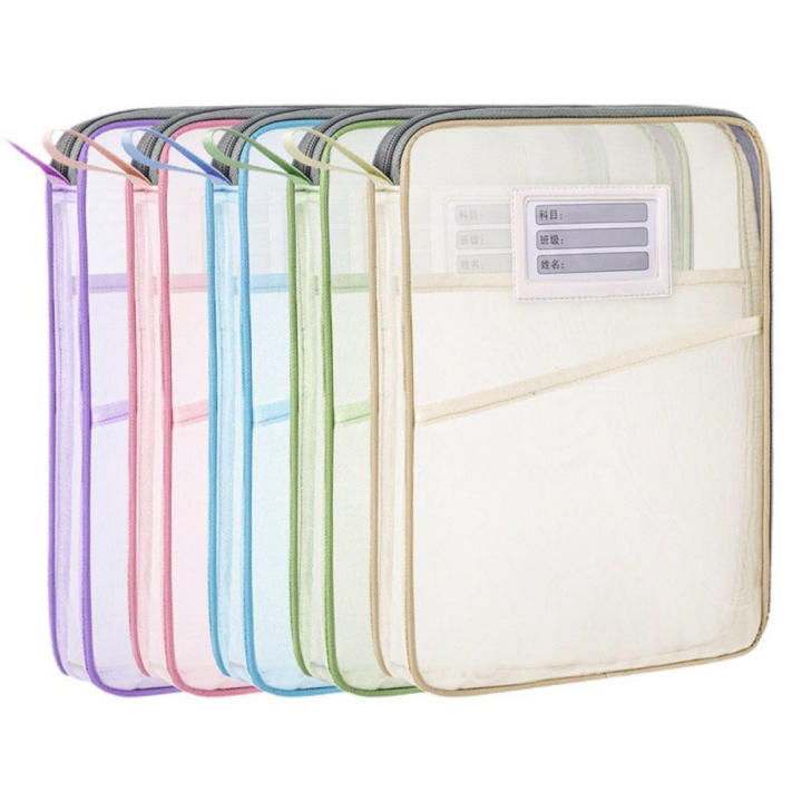 Nylon Mesh Student Tote Bag A4 Size L-Shaped File Pocket Portable Mesh Book Bag for Travel Documents Filing