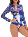 Women's One-Piece Swimsuit, 3D Print Long Sleeve Round Neck Hollow Out Back Bathing Bodysuit. 