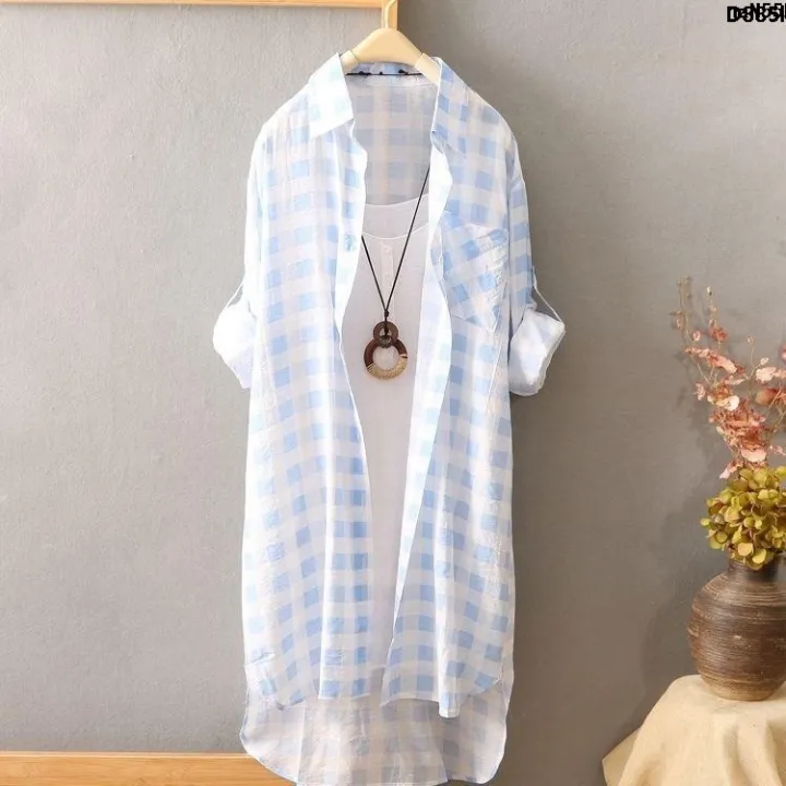 Wide%20Sleeve%20Mid-Length%20Plaid%20Shirt%20%EF%B9%8C%20Spring%20and%20Autumn%20Match%20Shirt%20Coat%202019%20Plaid%20Women%20Long%20New%20Style%20Leisure%20Break%20Pine%20Hundred%20Shirt%20Coat%20Thin%20?%20-%20Image%204