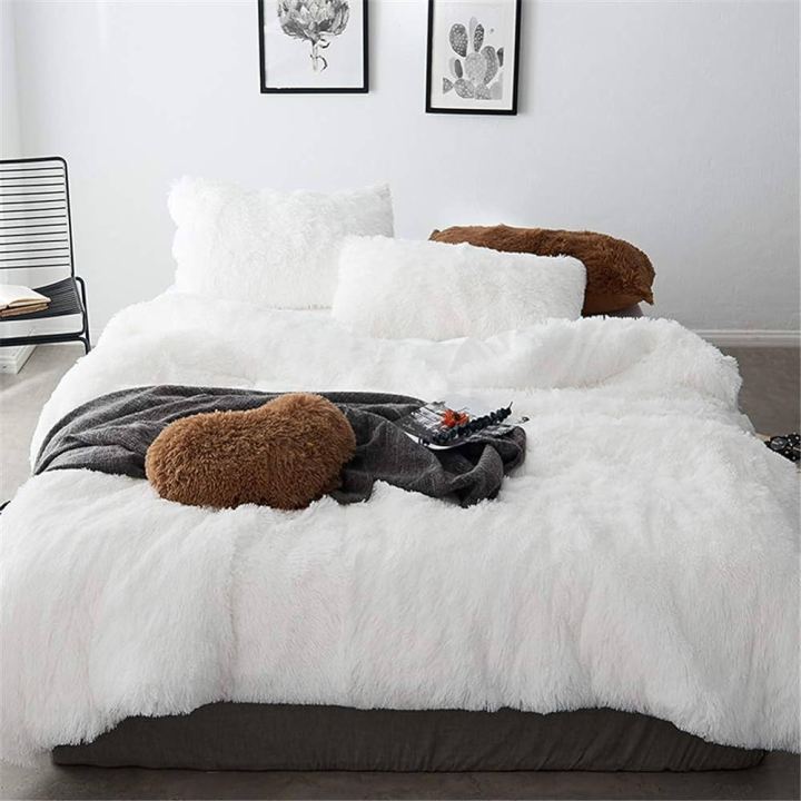 Fur Bed Sheet Set 3 In 1 / Faux Fur Shaggy Comfortable Blanket (Without Padding) Luxury Bedding Set Throw Rug White Color