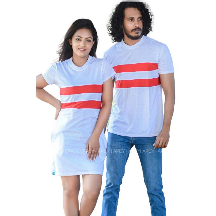 White Color Red Two Lined Short Sleeve Couple T Shirt Dress | AS515