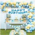 Pastel Balloon Garland Arch Birthday Kit with 1Pc Blue Happy Birthday Foil Banner + 100pcs Pastel Blue and Pastel Yellow Balloons + A Decorating Strip Tape And A Roll Of Glue Dots,  Baby Shower, Wedding Bachelorette Birthday Party, Balloon Decorations. 