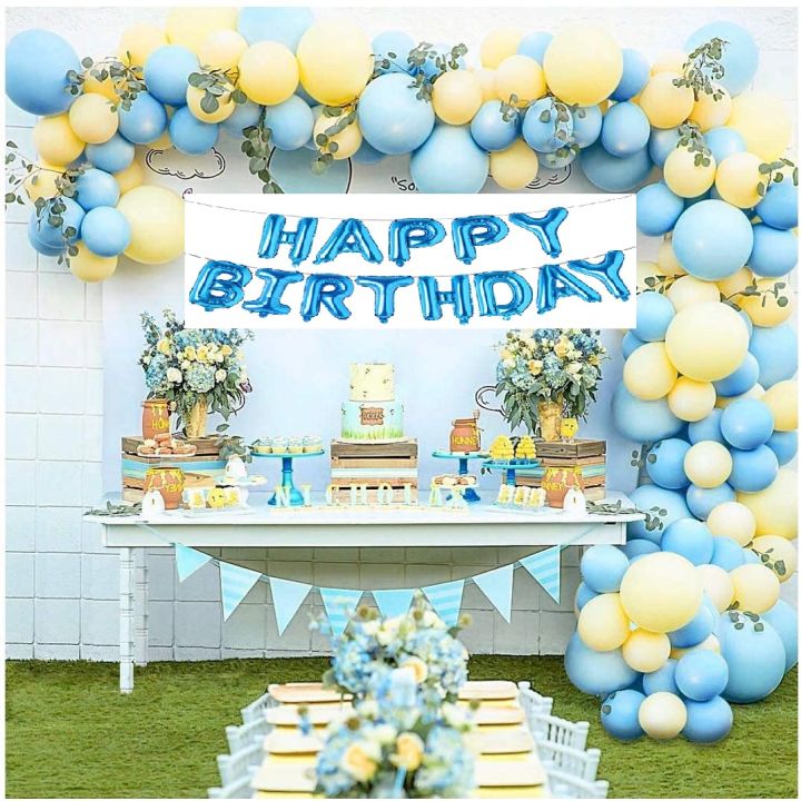 Pastel Balloon Garland Arch Birthday Kit with 1Pc Blue Happy Birthday Foil Banner + 100pcs Pastel Blue and Pastel Yellow Balloons + A Decorating Strip Tape And A Roll Of Glue Dots,  Baby Shower, Wedding Bachelorette Birthday Party, Balloon Decorations