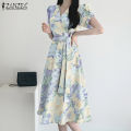 【WEJA】 Korean Style Womens Floral Printed A-Line Sundress Elegant V-Neck Collect Waist Dress #11. 