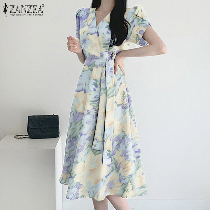 %E3%80%90WEJA%E3%80%91%20Korean%20Style%20Womens%20Floral%20Printed%20A-Line%20Sundress%20Elegant%20V-Neck%20Collect%20Waist%20Dress%20#11%20-%20Image%204