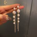 Enacolor  Long Tassel Pearl Earrings Luxury Crystal Dangle Earrings for Women Gilr New Jewelry. 