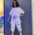 High-End Summer New Fashion Wear 2023 Korean Style Belly-Covering Slimming Casual Sports Denim Cropped Pants Suit. 