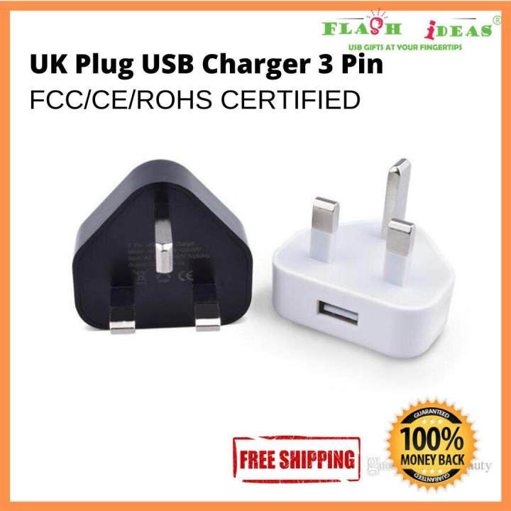 FLASH IDEAS USB Charger 3 Pin Travel Wall USB Power Adapter Plug 5V (BLACK / WHITE)