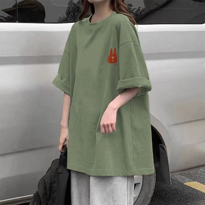 2023Summer%20New%20Green%20Short%20SleeveTT-shirt%20Women's%20Korean-Style%20Loose%20All-Match%20Mid-Length%20Oversized%20Half-Sleeve%20Topins-%20-%20Image%205