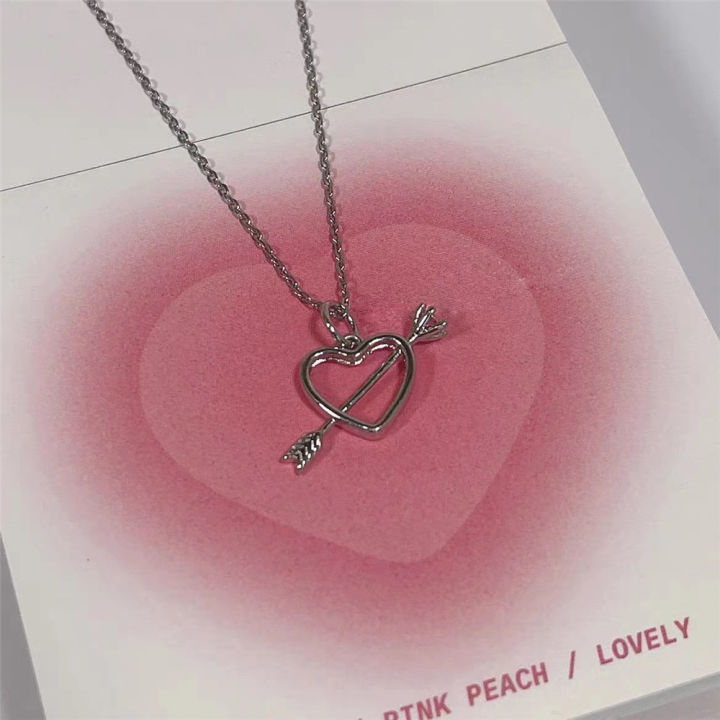 New Love Pink Diamond Necklace Female Light Luxury Diamond Inlaid One Arrow Through The Heart Clavicle Chain Tanabata Gift