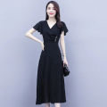 bellylady Women  Dress Fashion V-neck Short-sleeve Skirt Solid Color Waist-ing Long Skirt color. 