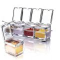Acrylic Seasoning Box Set, 4 Piece Clear Seasoning Rack Spice Pots, Premium Quality Storage Container Condiment Jars for Spice Salt Sugar Cruet Kitchen Organization Containers with Cover and Spoon. 