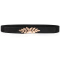 Waist Belt Elastic Slim Decorative Stretchy Quick Release Tight Waist Black Golden Plated Leaf Buckle Women Dress Waistband Jeans Belt. 