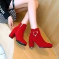 Autumn and Winter New Thick Heel Fleece-Lined Women's Short Boots round Toe High Heels Red Wedding Shoes Warm Ankle Boots All-Matching Cotton Shoes Women's Boots. 
