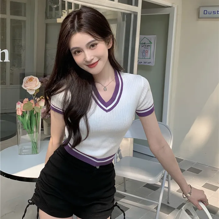 bellylady%20Women%20Cotton%20Cropped%20T%20Shirt%20Retro%20Knitted%20V-neck%20Pullover%20Tops%20Short-sleeved%20High-waisted%20Slim%20Fit%20Shirt%20-%20Image%208