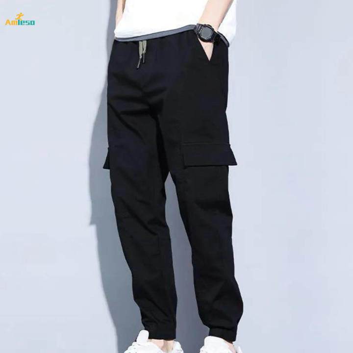Mens Cargo Pant Multiple Pockets High Waist Trousers Straight Wide Leg Baggy 3XL Black