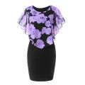 【WEJA】qie® Plus Size Elegant Office Lady Rose Flower Print Cape Bodycon Knee Length Dress. 