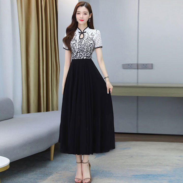 bellylady%20Women%20Cotton%20Cheongsam%20Dress%20Summer%20Short%20Sleeves%20Stand%20Collar%20A-line%20Skirt%20High%20Waist%20Large%20Swing%20Dress%20-%20Image%205
