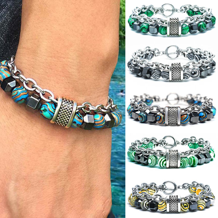 MENGLINA Natural Stone Bracelet - 8MM Tiger Eye Beads, Stainless Steel Chain, Adjustable, Unisex Jewelry Gift