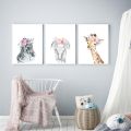 Animals Floral Crown Art Decor Canvas Painting , Baby Girl Prints Animal Giraffe Elephant Lion Wall Art Picture Nursery Poster. 