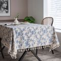 【Direct-sales】 60*60cm Soft With Tassels Blue and White Porcelain Tablecloth Classic Washable Linen Cotton Tablecloth Thicker Vintage Table Cover Table Decorations.