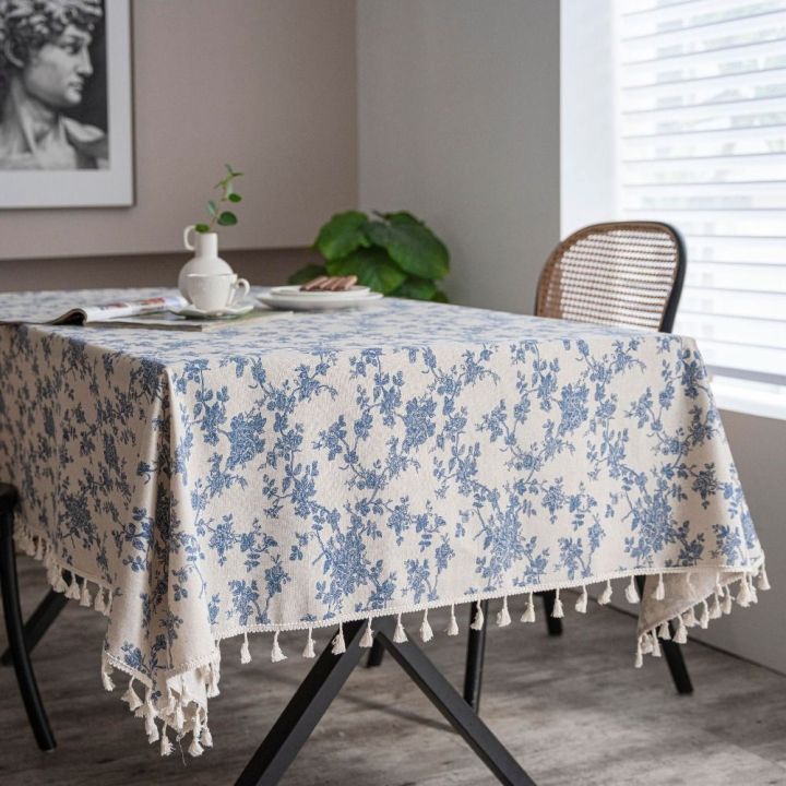 【Direct-sales】 60*60cm Soft With Tassels Blue and White Porcelain Tablecloth Classic Washable Linen Cotton Tablecloth Thicker Vintage Table Cover Table Decorations